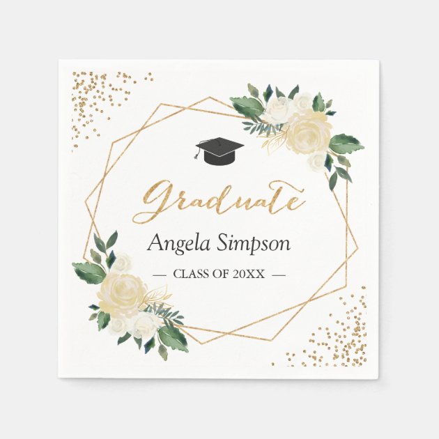 Gold Glitters Ivory Green Floral Graduation Party Napkin