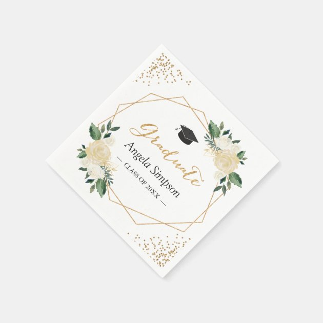Gold Glitters Ivory Green Floral Graduation Party Napkin
