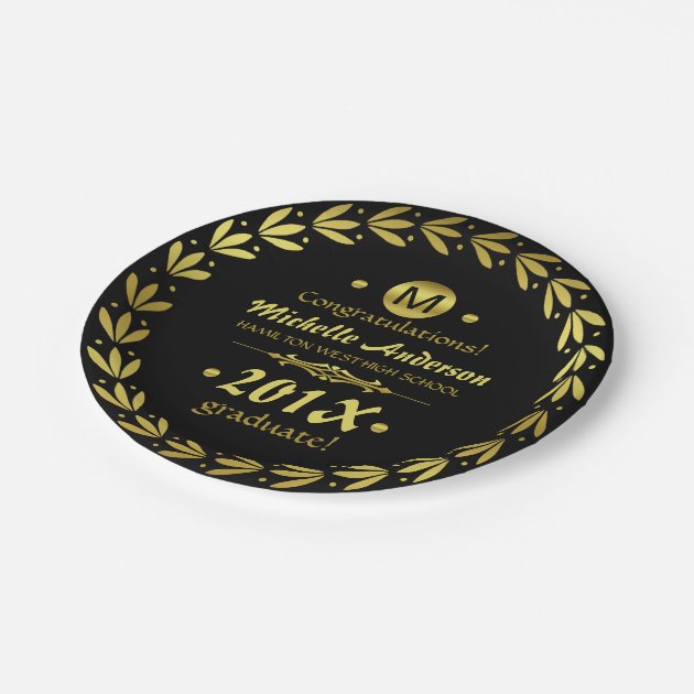 2018 Graduation Party | Laurel Wreath Gold Black Paper Plate