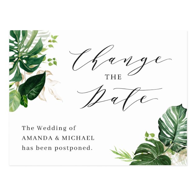 Wedding Change the Date Tropical Palm Leaves Postcard