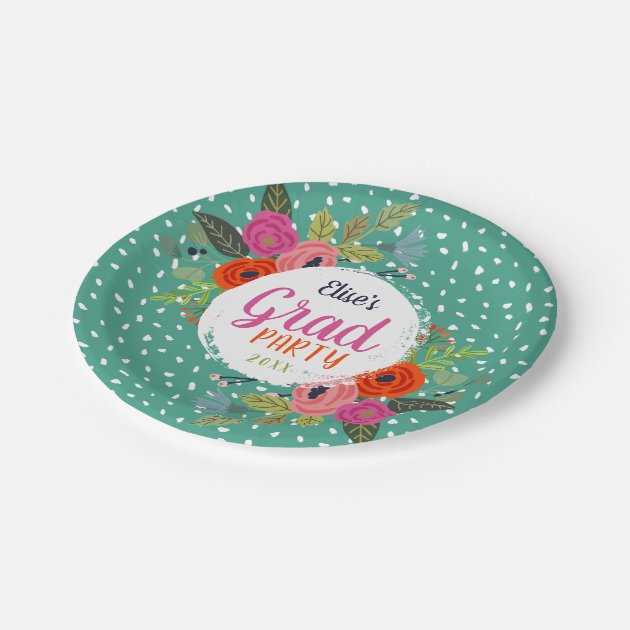 Bright Floral Personalized Graduation Party Paper Plate