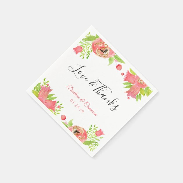 Love & Thanks Watercolor Coral Pink Floral Wedding Paper Napkin