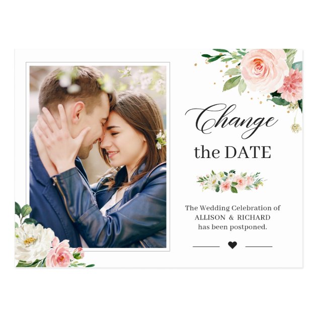 Change the Date Elegant Blush Pink Floral Photo Postcard