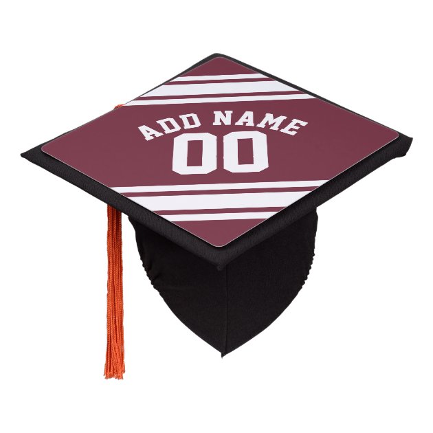 Maroon And White Jersey Stripes Custom Name Number Graduation Cap Topper