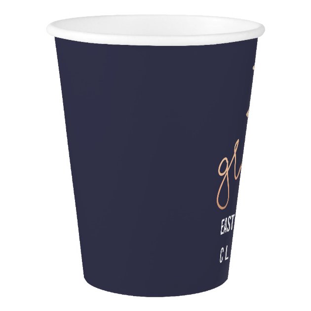 Graduate Rose Gold Script Hat Navy Blue Paper Cup