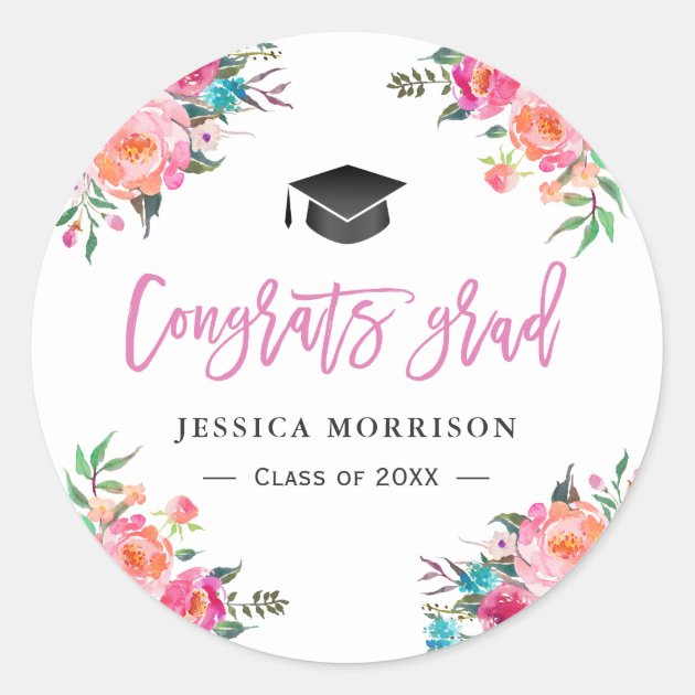 Girly Watercolor Floral Congrats Graduation Favor Classic Round Sticker