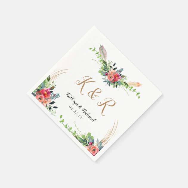 Bohemian Rustic Floral Watercolor Monogram Wedding Napkin