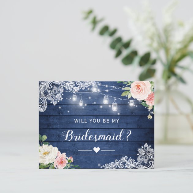 Be My Bridesmaid Proposal Rustic Blue Blush Floral Invitation Postcard