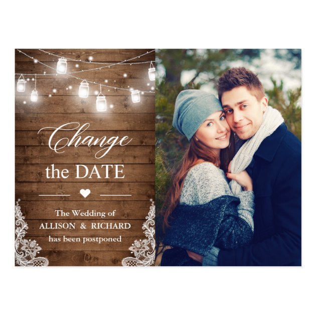 Change the Date Rustic Wood String Lights Photo Postcard