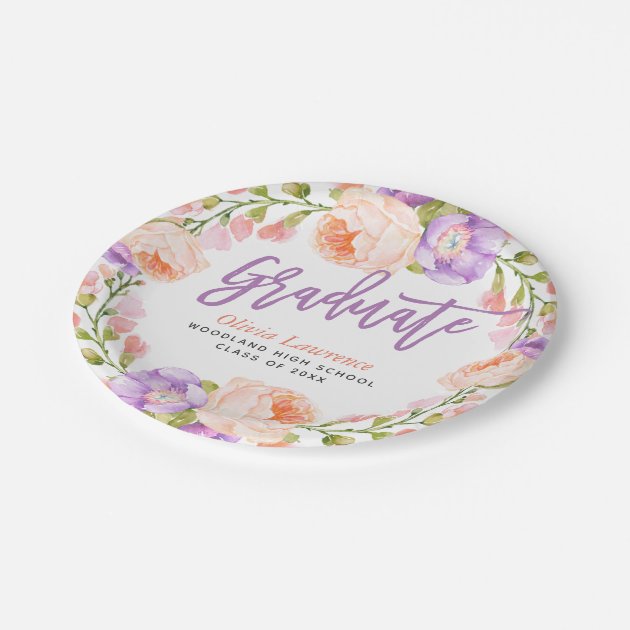 Watercolor Floral Personalized Graduation Party Paper Plate