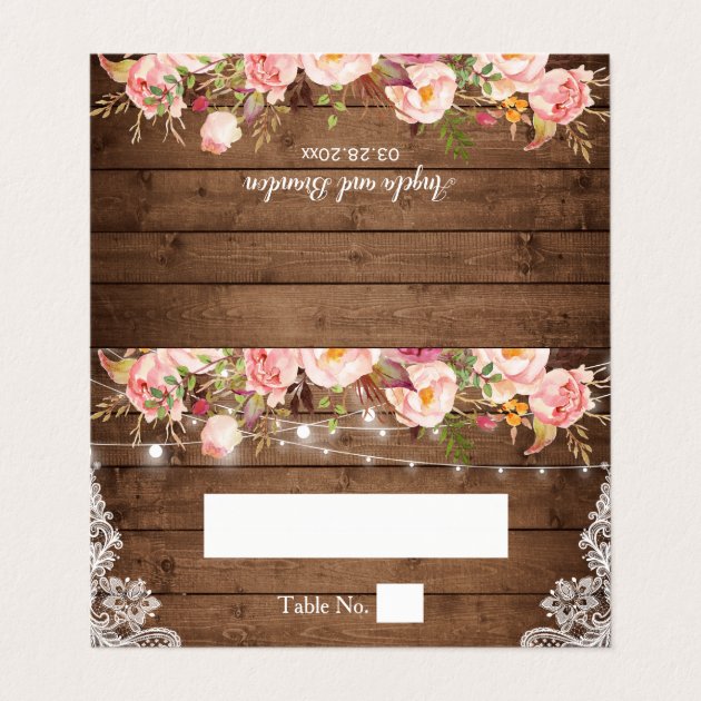 Rustic Wood Floral Lace String Lights Wedding Place Card