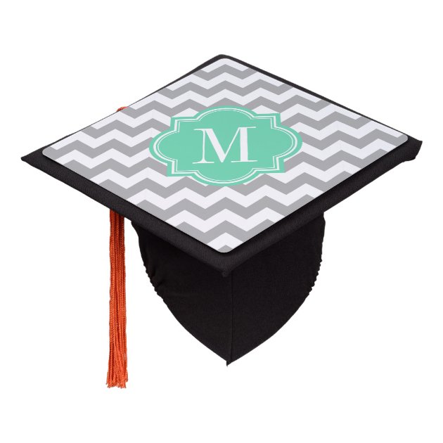 Gray Chevron With Mint Monogram Graduation Cap Topper