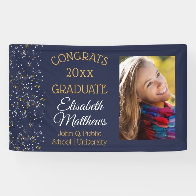 Confetti Blue Photo Congrats Graduate Name School Banner