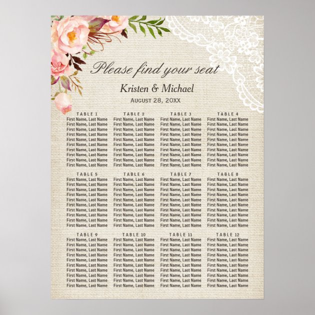 Rustic Burlap Lace Floral Wedding Seating Chart