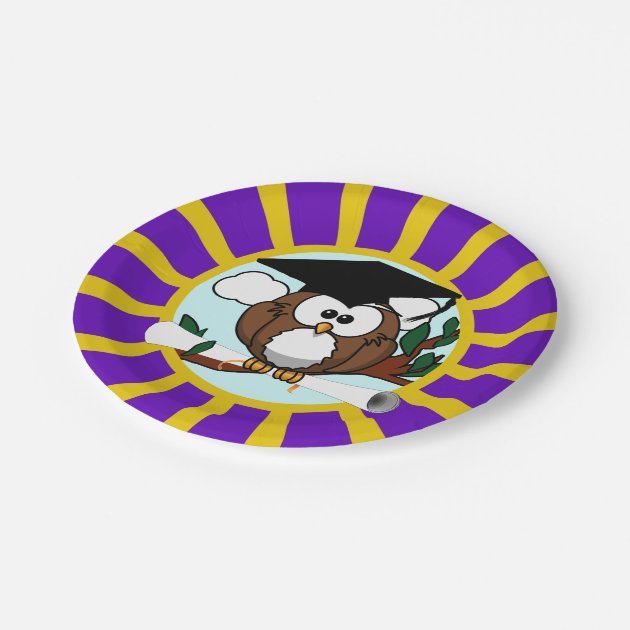Graduation Owl With Purple And Gold School Colors Paper Plate