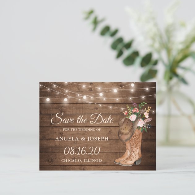 Rustic Cowboy Cowgirl Boots Floral Save The Date Announcement Postcard
