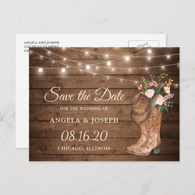 Rustic Cowboy Cowgirl Boots Floral Save The Date Announcement Postcard