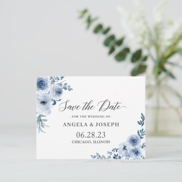 Bohemian Dusty Blue Floral Wedding Save the Date Invitation Postcard