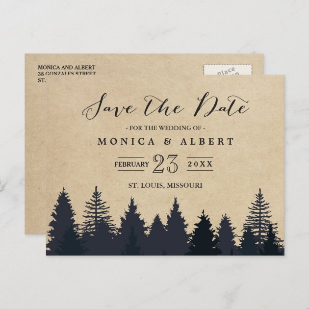 Rustic Kraft Pine Trees Forest Save The Date Announcement Postcard