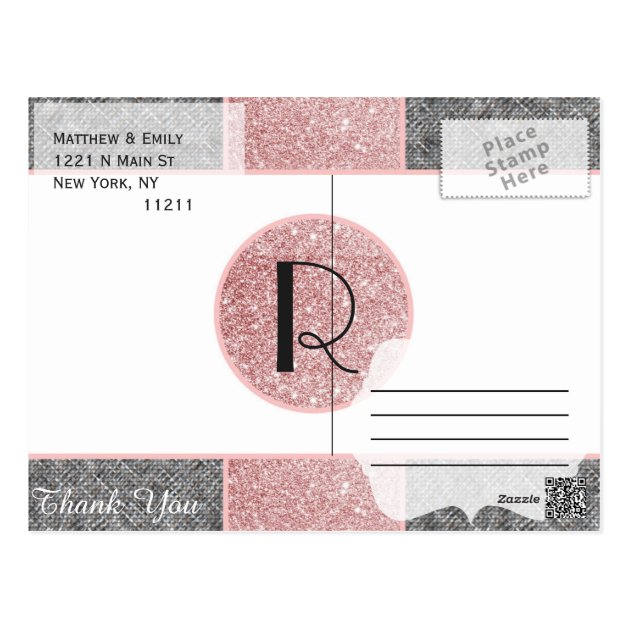 Pretty Faux Pink Glitter And Grey Fabric Postcard