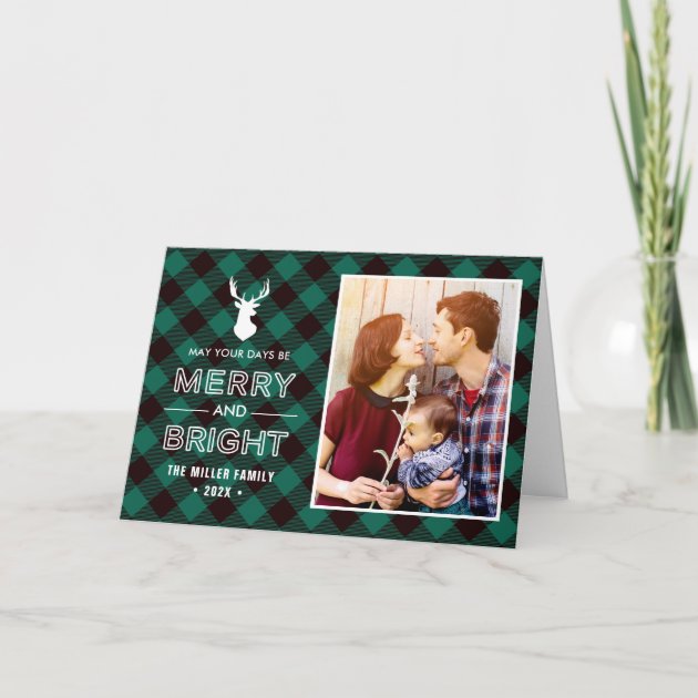 Merry And Bright | Green Buffalo Check Plaid Photo Holiday Card