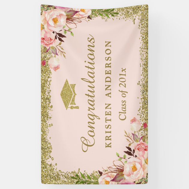 Faux Gold Glitters Blush Pink Floral Graduation Banner