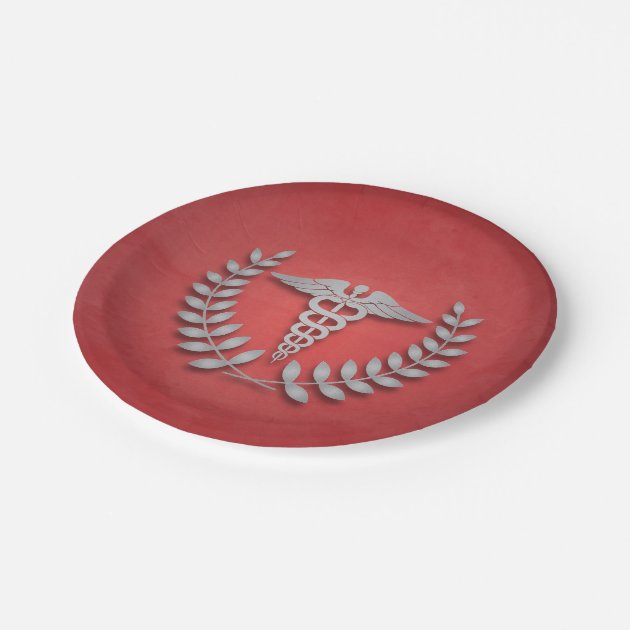 Red + Silver Caduceus Medical Doctors Party Paper Plate