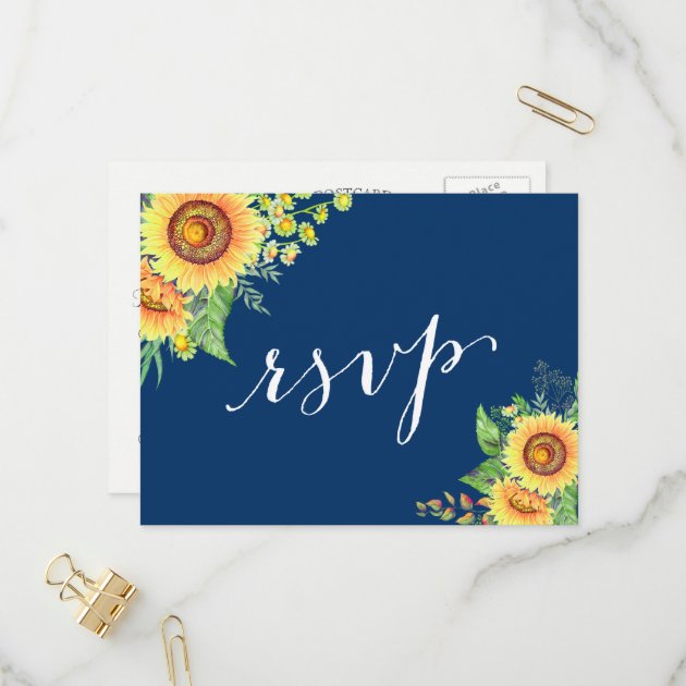 Yellow Navy Blue Sunflowers Rustic Wedding RSVP Invitation Postcard