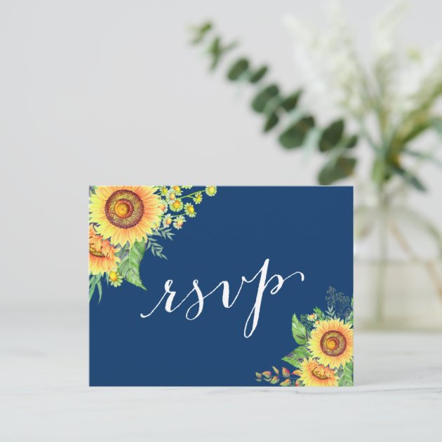 Yellow Navy Blue Sunflowers Rustic Wedding RSVP Invitation Postcard