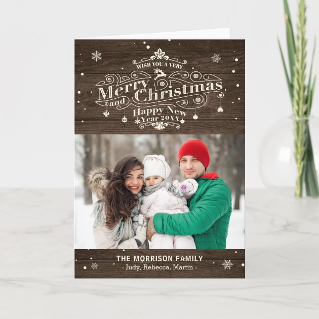 Merry Christmas Rustic Wood Typography Photo Holiday Card