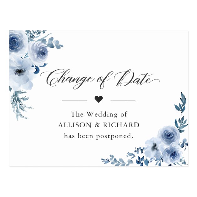 Change of Date Elegant New Plan Dusty Blue Flowers Postcard