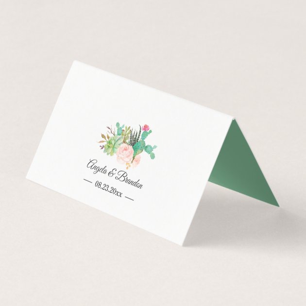 Blush Green Succulent Cactus Floral Wedding Table Place Card