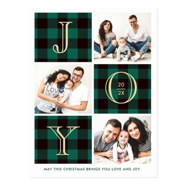 JOY | Green Plaid Photo Collage Christmas Holiday Postcard