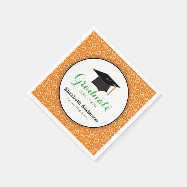 White Swirl On Orange, Personalized Graduation Paper Napkin