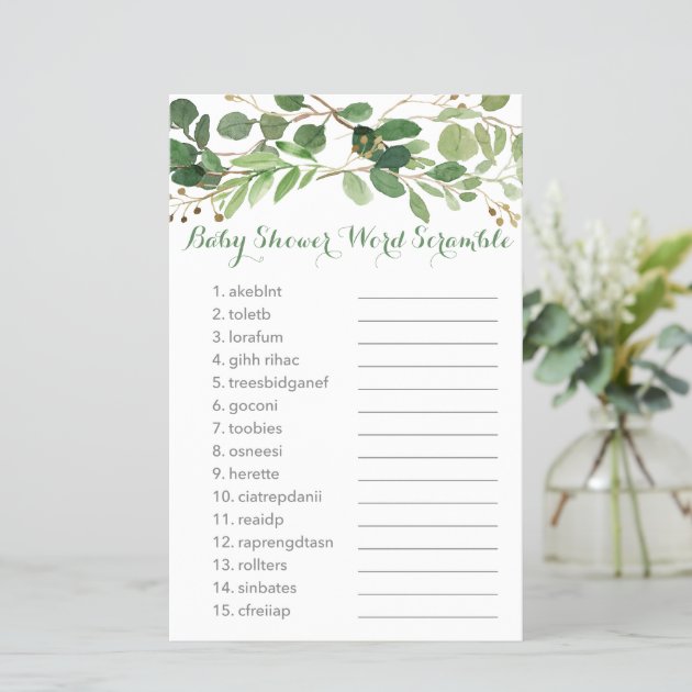 Rustic Green Floral Baby Shower Word Scramble Game