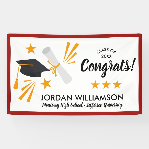 Congrats Graduate Diploma Cap Red Graduation Party Banner