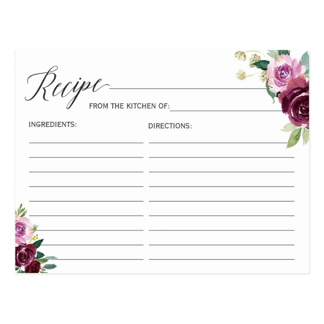 Recipe Card for the Bride Plum Purple Floral