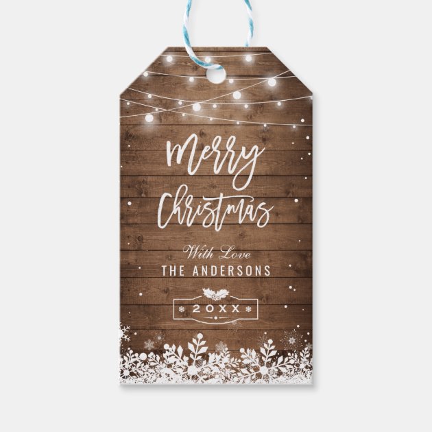 Merry Christmas Rustic String Lights Snowflakes Gift Tags