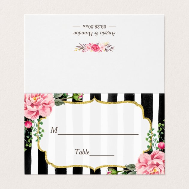 Watercolor Floral Stripes Gold Frame Wedding Table Place Card