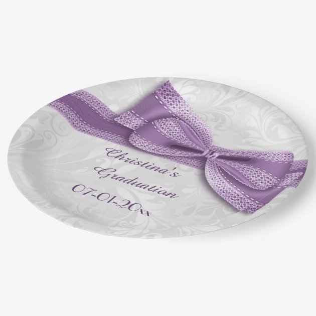 Graduation Purple Damask And Faux Bow Paper Plate