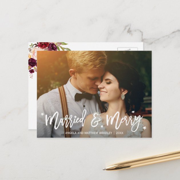 Burgundy Floral Married And Merry Christmas Photo Holiday Postcard