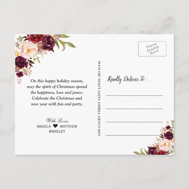 Burgundy Floral Married And Merry Christmas Photo Holiday Postcard