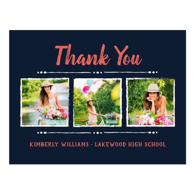 Trendy 3 Photo Collage Graduation Thank You Postcard