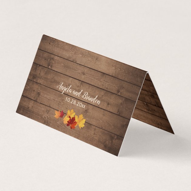 Autumn Leaves Mason Jar String Lights Wood Wedding Place Card
