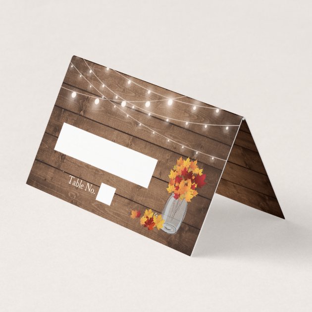 Autumn Leaves Mason Jar String Lights Wood Wedding Place Card
