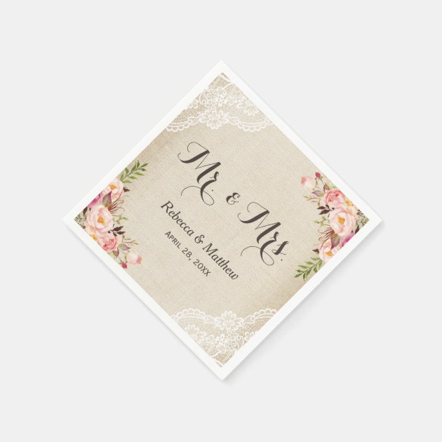Rustic Burlap Lace Floral Mr And Mrs Wedding Paper Napkin