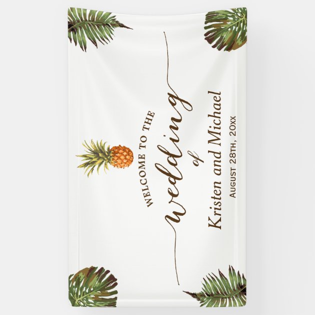 Tropical Leaves Pineapple Stylish Wedding Party Banner