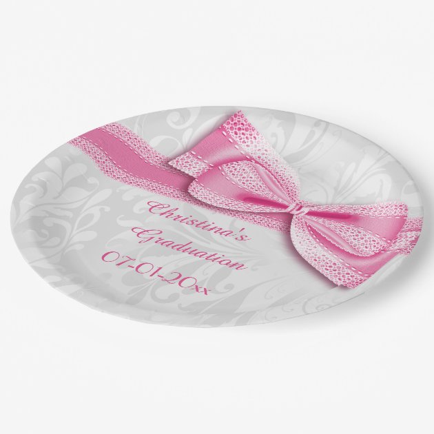 Graduation Pink Damask And Faux Bow Paper Plate