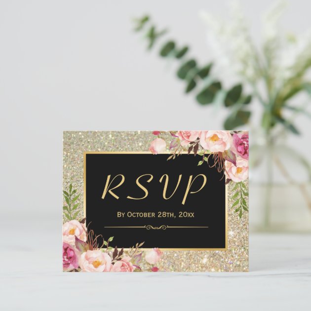 Beautiful Gold Glitter Floral RSVP Response Invitation Postcard