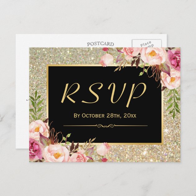 Beautiful Gold Glitter Floral RSVP Response Invitation Postcard
